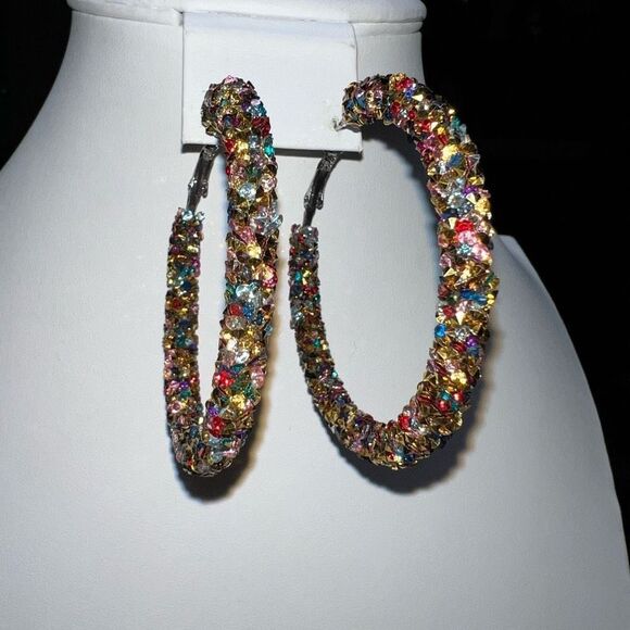 Gold and Multicolored Chunky Sparkle Hoop Earrings - Picture 1 of 7